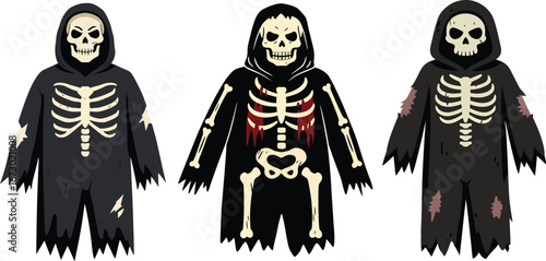 Three Grim Reaper Skeleton Costumes Intact Bloody and Torn.