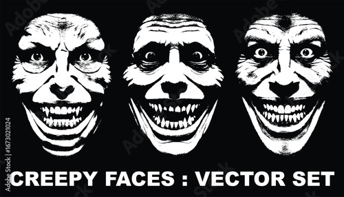 Three Creepy Monochrome Faces with Sharp Teeth and Wide Grinning Smiles.