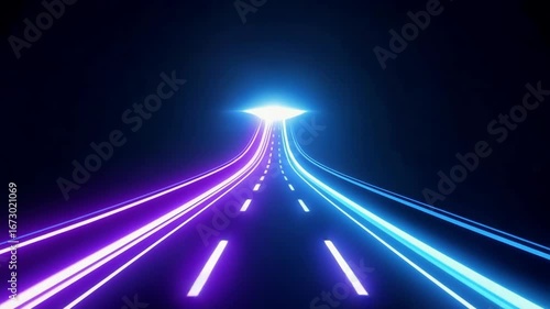 Futuristic neon highway with glowing purple and blue light trails leading into a bright horizon, representing speed, technology, innovation, and high-speed data transfer in a digital cyber environment