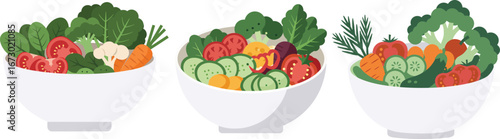 Three Vibrant Bowls of Freshly Prepared Salad with Various Vegetables.