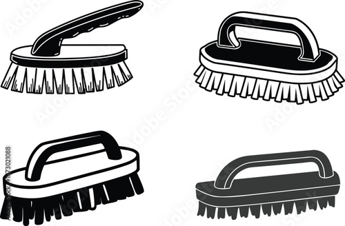 Monochrome Vector Silhouette of Four Different Handheld Scrub Cleaning Brushes.