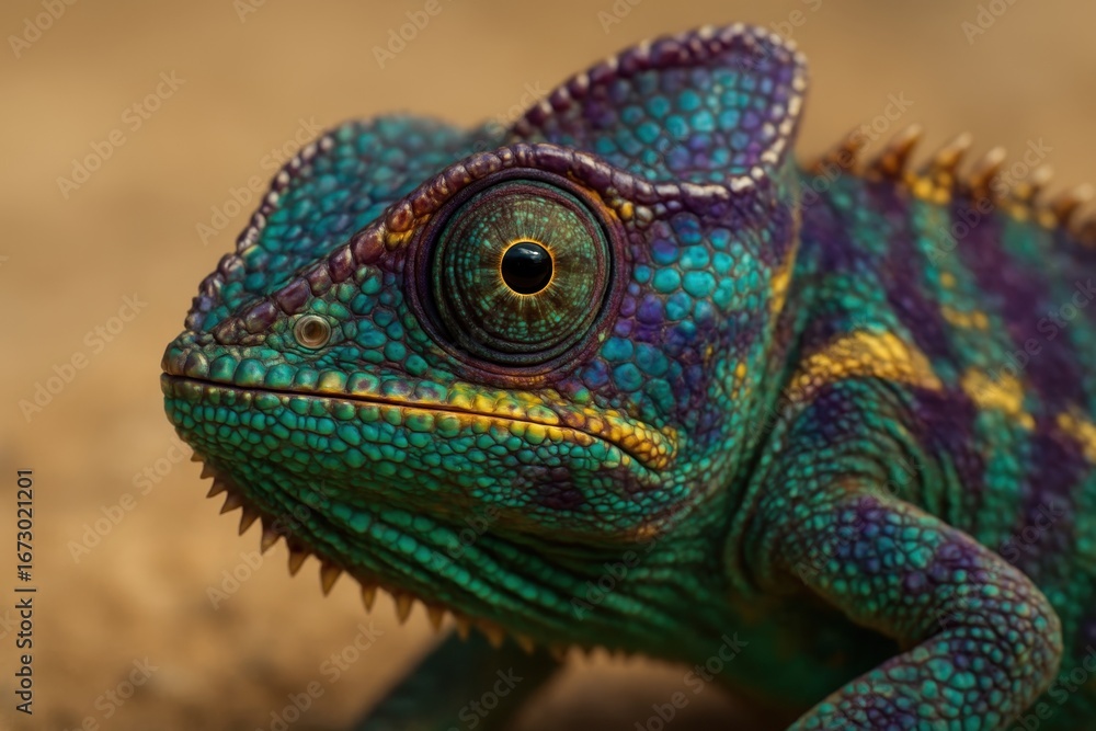 Fototapeta premium Detailed close up of a chameleon head with vibrant green, purple, and gold scales