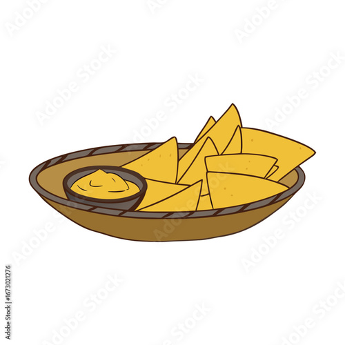 Yellow tortilla chips with cheese dip in a bowl vector