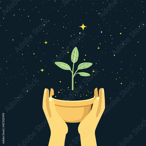 Abstract hands holding sprout plant in soil cup with starry night sky background growth and care concept vector illustration in flat minimalist style, vector style simple color