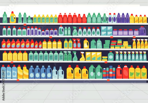 Shelves in a store filled with colorful cleaning supplies bottles. Suitable for promoting cleaning products, household supplies, retail shops.