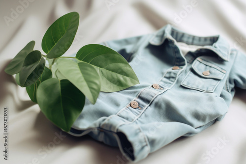 Sustainable baby denim clothing, plant-based vibrant dyes, pastel blue jeans, eco-friendly materials, natural setting, gentle sunlight, soft fabric, adorable infant style