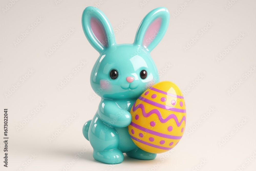 Fototapeta premium Charming light blue easter bunny figurine holding a decorative yellow egg for holiday celebration