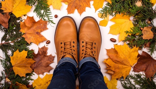 Autumnal Footwear Brown Leather Boots Surrounded by Vibrant Fall Leaves