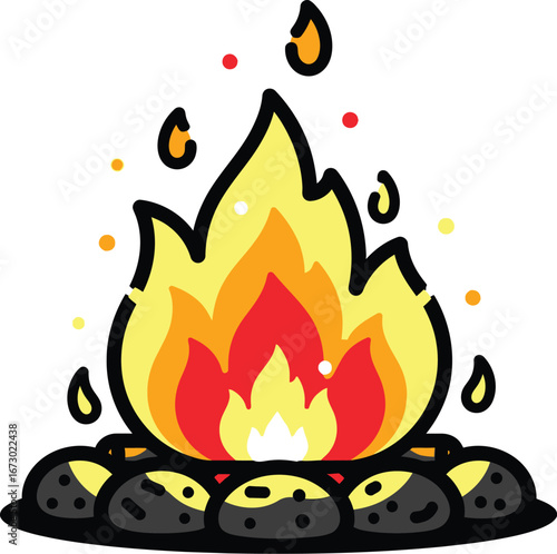 Bright Campfire Flames with Stones Cartoon Vector Illustration