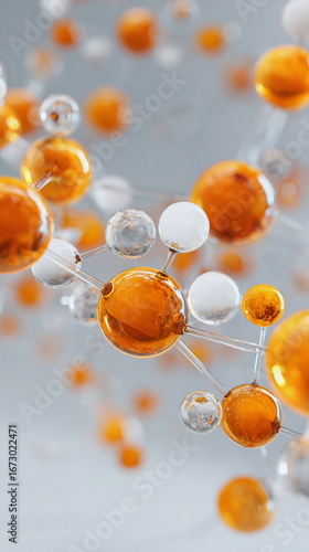 Abstract molecular structure with glowing orange and white spheres symbolizing vitamin science, skincare innovation, health research and modern biotechnology.