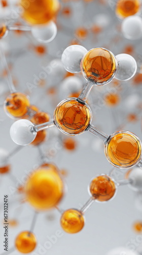 Abstract molecular structure with glowing orange and white spheres symbolizing vitamin science, skincare innovation, health research and modern biotechnology.