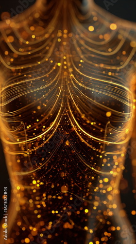 Glowing energy lines inside human torso illustrate inner balance, vitality flow, holistic wellness, nervous system harmony and modern health visualization concept.