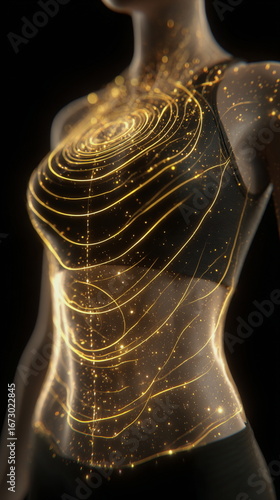 Glowing energy lines inside human torso illustrate inner balance, vitality flow, holistic wellness, nervous system harmony and modern health visualization concept.