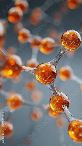 Abstract molecular structure with glowing particles on dark background, illustrating biotechnology, medical research, chemical processes and scientific innovation concept.