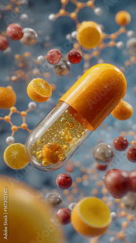 Orange dietary supplement capsule surrounded by floating molecules, symbolizing vitamins, nutrition science, immunity support, wellness research and health innovation.