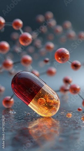Orange dietary supplement capsule surrounded by floating molecules, symbolizing vitamins, nutrition science, immunity support, wellness research and health innovation.