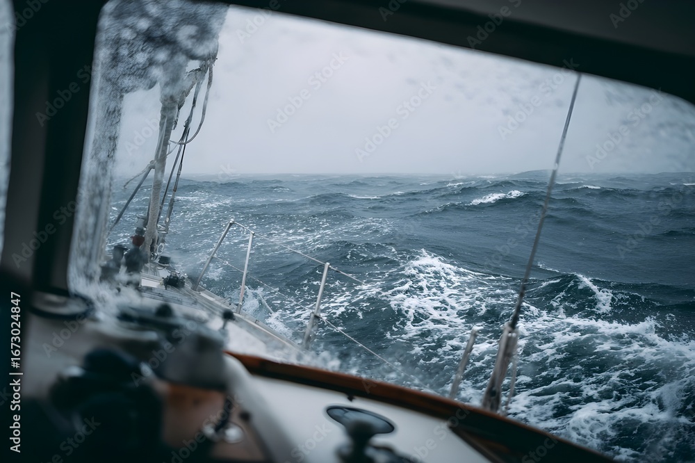 Fototapeta premium View on a yacht looking out at a stormy gray sea delivers a powerful and captivating ocean scene