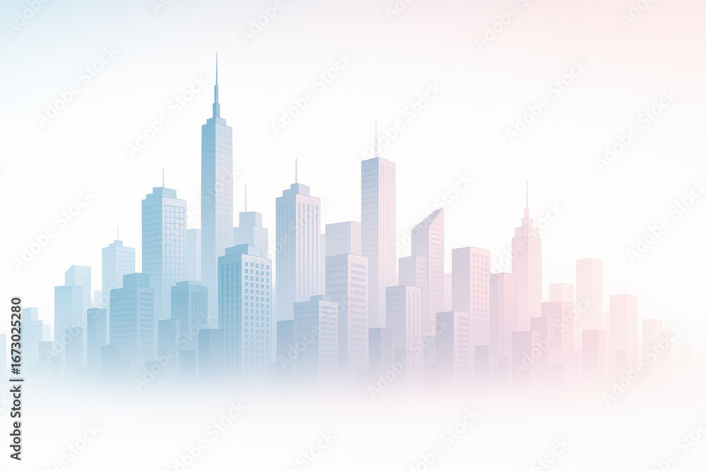 Obraz premium Modern city skyline with tall buildings and skyscrapers in soft light