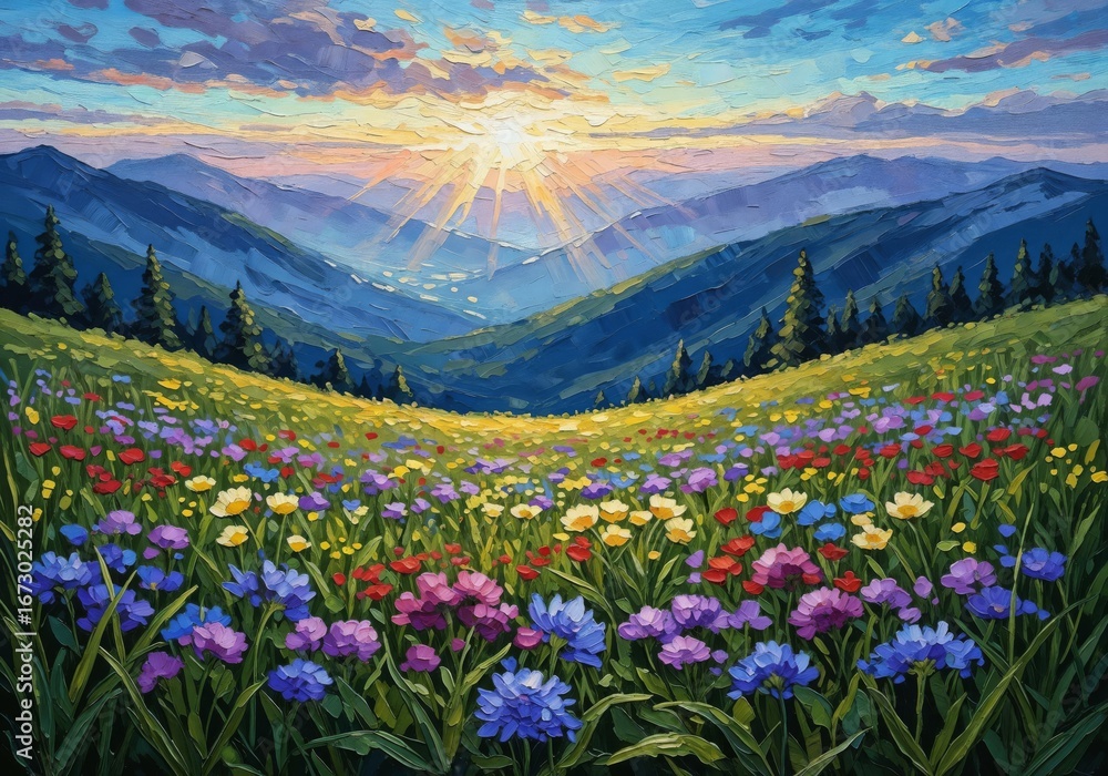 Fototapeta premium Modern Impressionist Oil Painting Mountain Meadow at Sunrise - Vibrant Wildflowers, Uplifting Landscape, Nature Inspiration