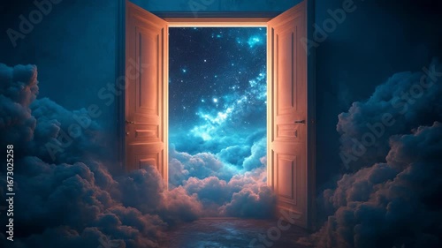 Surreal open doors revealing a glowing starry night sky beyond clouds, representing imagination, dreams, fantasy worlds, creative inspiration, and the limitless possibilities of the human mind.