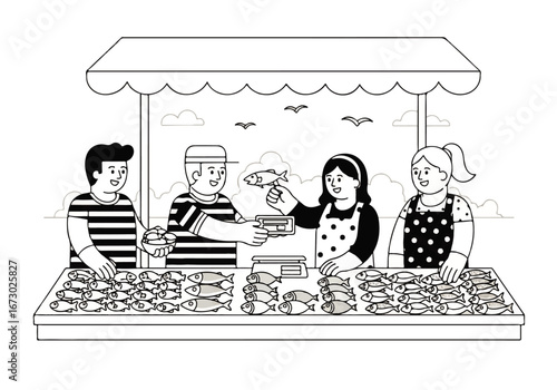 Busy fish market stall with customers buying and selling fresh seafood. Suitable for food blogs, market advertisement, and seafood industry promotions.