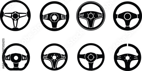 collection of various steering wheel designs for automobiles, showcasing different styles and eras