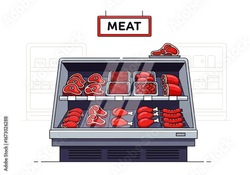 Meat display case offers a variety of fresh cuts for butcher shops, grocery stores, and foodrelated businesses looking for meatrelated visuals.