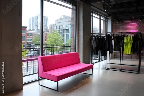 Neon-pink swing bench in front of the vibrant urban landscape adds a modern, playful touch