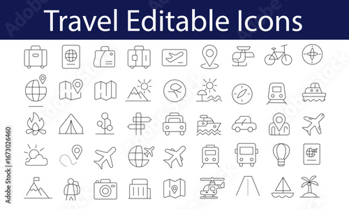 Travel Editable Icons: A collection of easily editable travel icons. This collection contains essential symbols for a travel guide or a travel-related application.