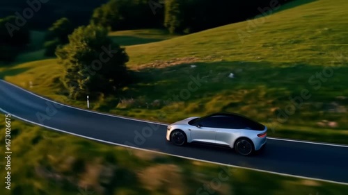 Electric vehicle cruising scenic mountain roads during golden hour, showcasing sustainable