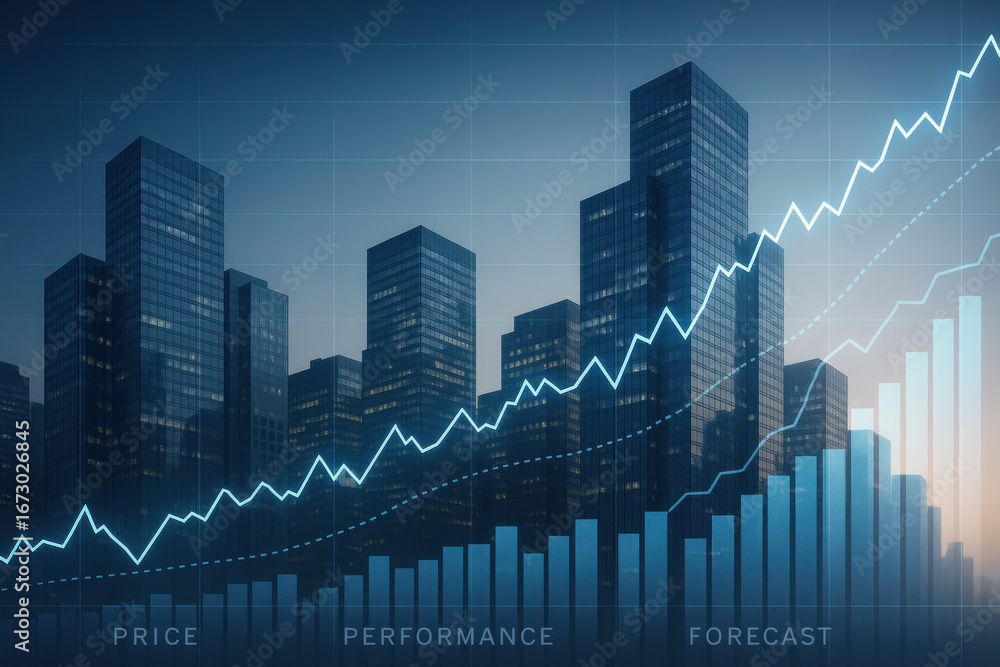 Fototapeta premium Financial growth chart with rising bar graph and line graph over city skyline