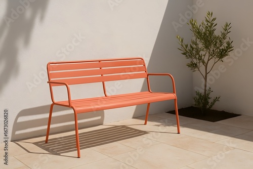 Modern Orange Metal Bench: Contemporary Outdoor Furniture Design for Minimalist Garden or Patio Spaces