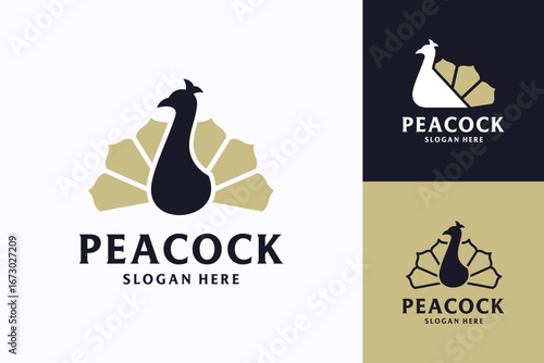 Gold Peacock Logo Vector. Wedding, spa and hotel icon. Simple peacock design template.