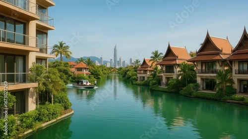 Wallpaper Mural Aerial view of a serene resort with traditional villas and modern buildings, ideal for a travel video showcasing luxury and tranquility. Live desktop wallpaper. Torontodigital.ca