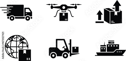 black and white icons of delivery trucks, drones, forklifts, and ships, representing modern logistics and global trade