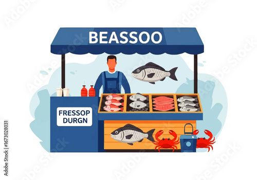 Fish stall called beassoo offering fresh seafood from fressop durgn vendor, perfect for seafood market promotions and advertising.