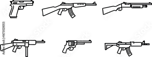 assortment of firearm silhouettes representing various types of guns used in military, law enforcement, and selfdefense scenarios