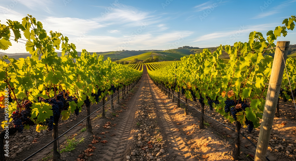 Obraz premium Sun-Drenched Vineyard Vista: Rows of Lush Grapevines Leading to Rolling Hills Under a Bright Sky, Creating a Serene and Picturesque Landscape of Wine Country Beauty in Cultivation