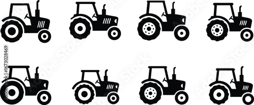 collection of tractor silhouettes, representing agriculture, farming, and rural life in a simple and minimalist design