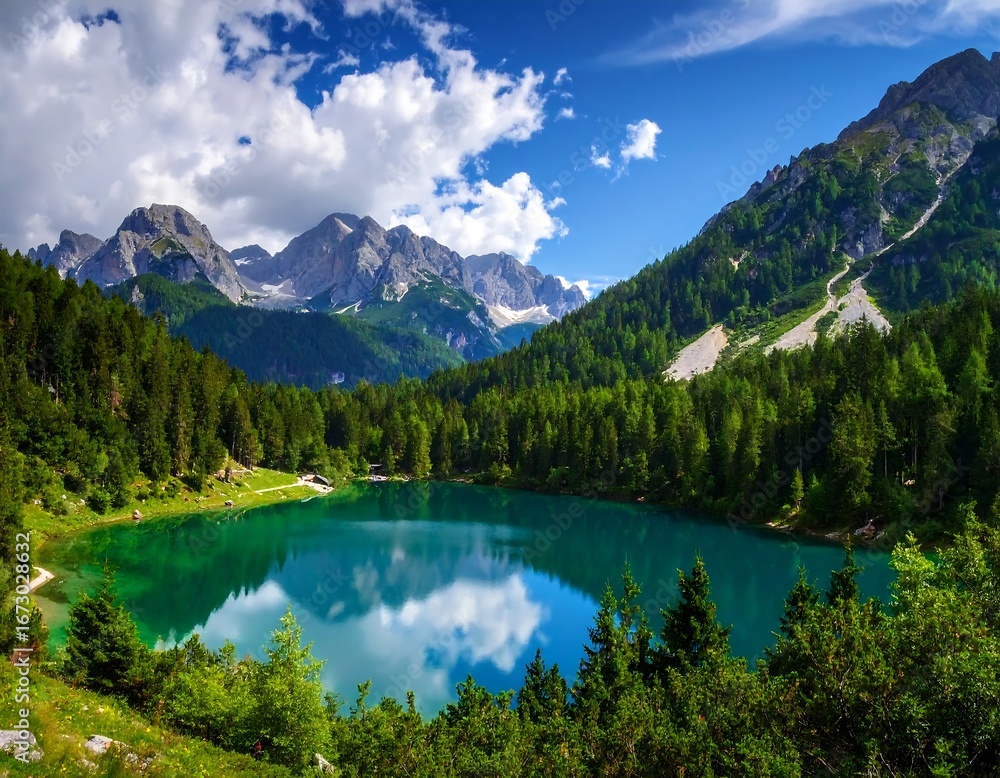Fototapeta premium Alpine lake reflecting mountains under a vibrant sky