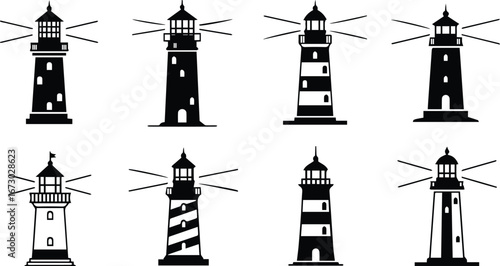 collection of lighthouse illustrations, showcasing various designs and styles of these iconic maritime structures