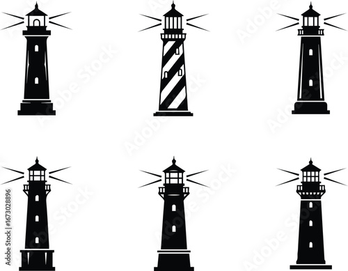 collection of lighthouse silhouettes, featuring various designs and styles for nautical and coastal themes