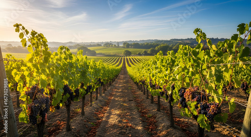 Sun-Kissed Vineyard: Serene rows of grapevines bathed in golden light, promising a bountiful harvest and the creation of exquisite wines in a tranquil countryside setting showcasing the art of