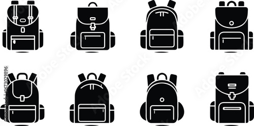 collection of eight different backpack icons, showcasing various styles and designs for school, travel, and everyday use