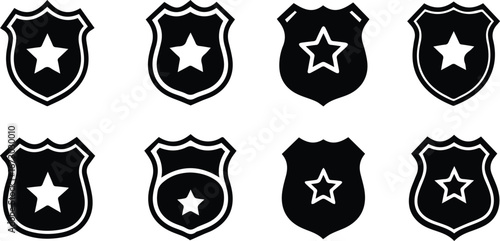 collection of police badge icons, symbolizing law enforcement, security, and the authority of police officers