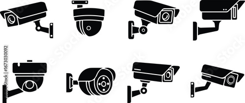 security camera icons featuring surveillance equipment and cctv systems for video monitoring and digital protection purposes
