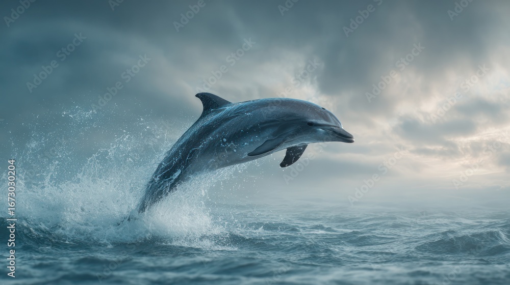 Fototapeta premium Dolphin leaps joyfully from a choppy ocean under a cloudy, overcast sky