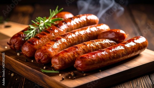 Grilled sausages on a wooden board
