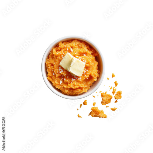 Creamy Mashed Sweet Potatoes with Butter and Crumbles in White Bowl, Overhead Shot