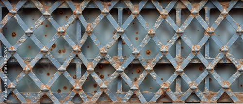 Detailed close-up of weathered, rusty metal lattice with diamond pattern
